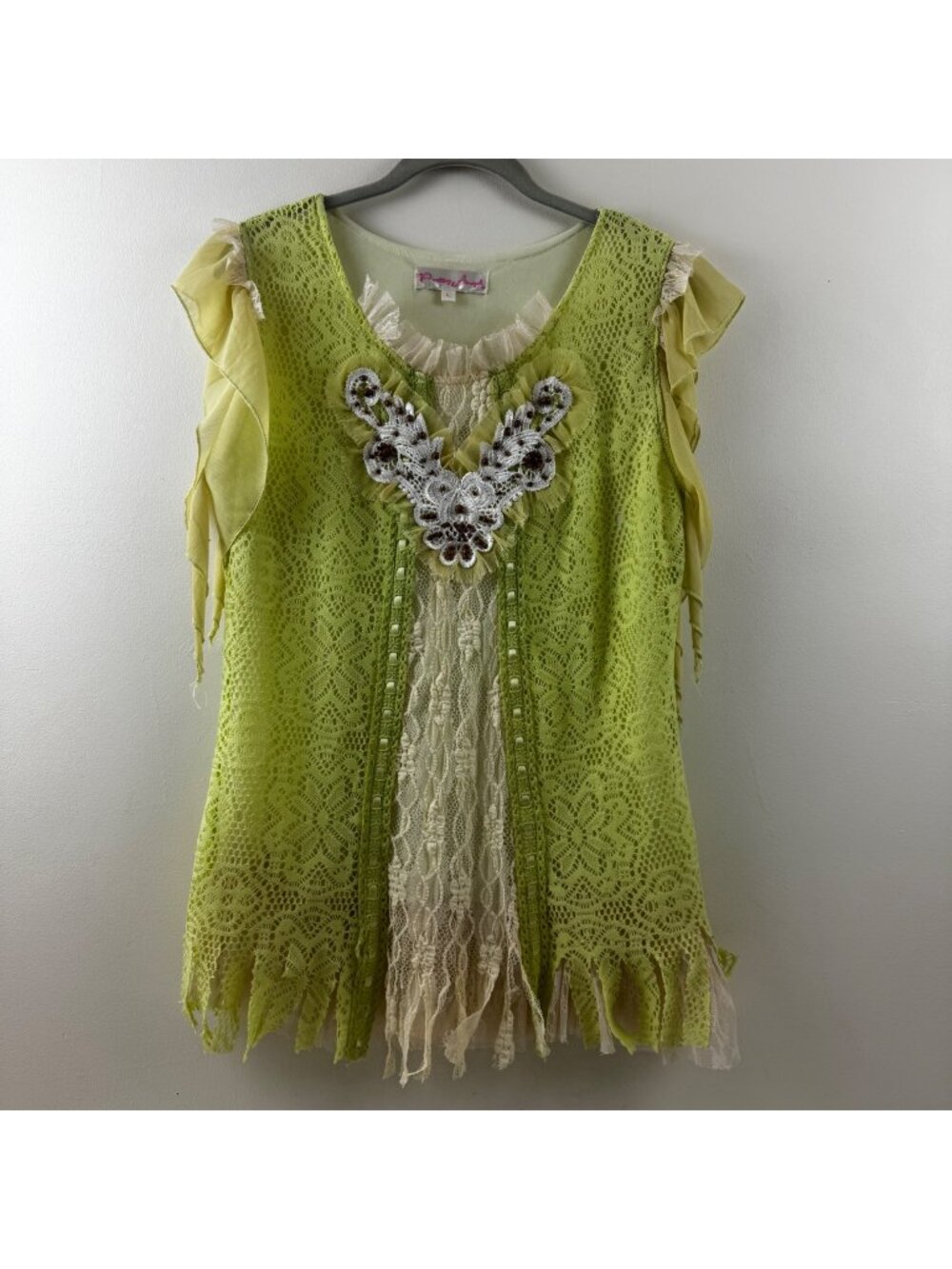 Pretty Angel Bright Green Lace Tunic Top With Ruffle Sleeves & Beaded Details Si